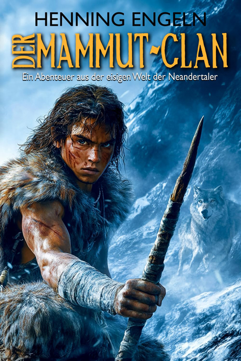 Buchcover mit gelber Titelschrift und einem jungen Steinzeit-Jger mit Speer in der Hand vor blauweier winterlicher Gebirgslandschaft; im Hintergrund ein Wolf