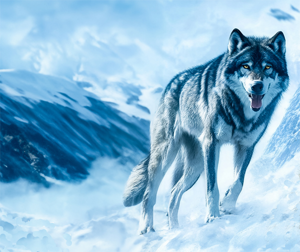 In einer schneebedeckten blauweien Landschaft seht ein groer Wolf mit gelben Augen und blickt den Zuschauer an